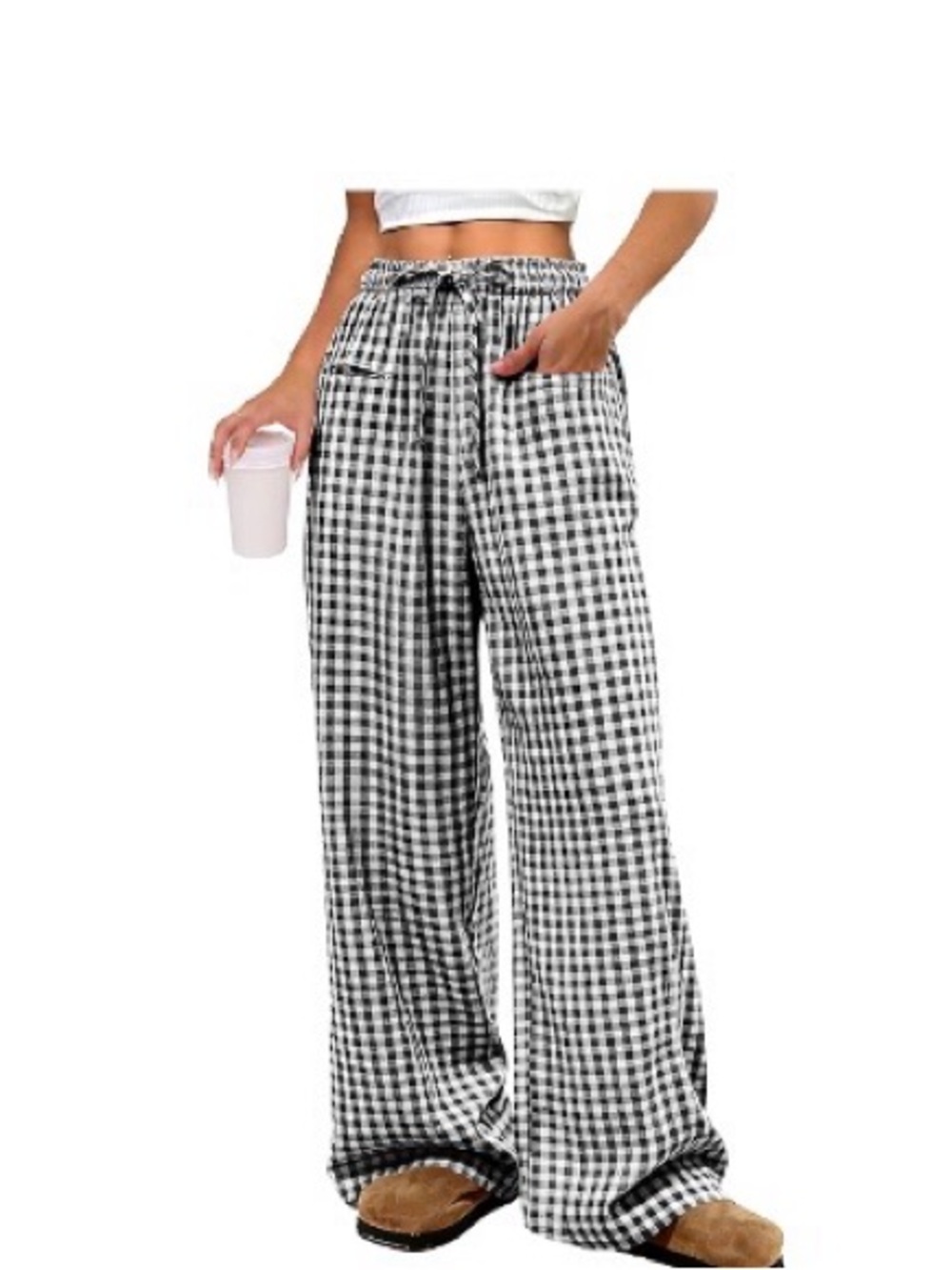 High-Rise Black & White Gingham Wide-Leg Lounge Pants